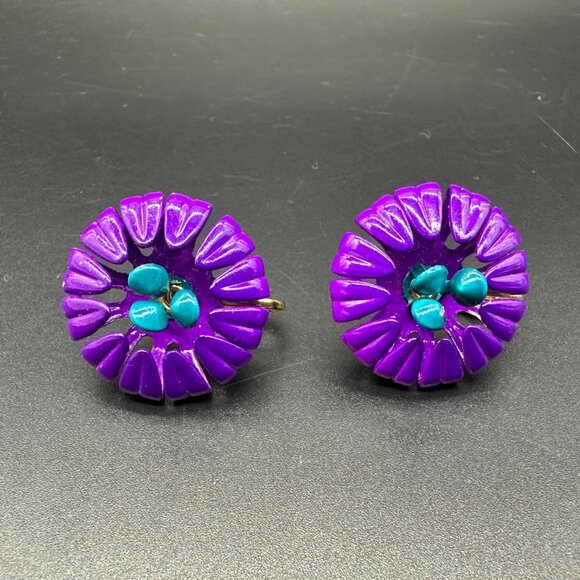 Vintage Flower Power Clip On Earrings Purple Turquoise 60s Retro Enamel Jewely - Picture 2 of 7